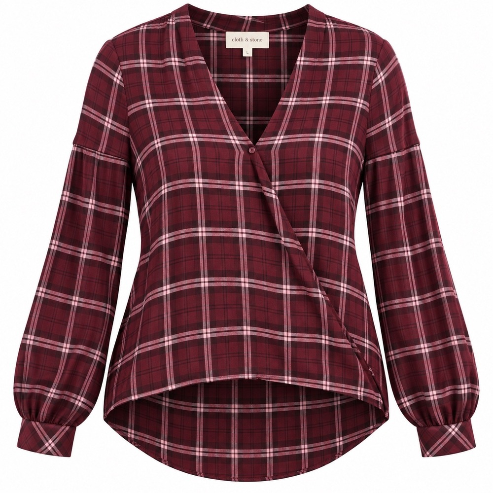 Cloth & Stone Plaid Crossover Blouse Womens Large Burgundy Pink Long Sleeve